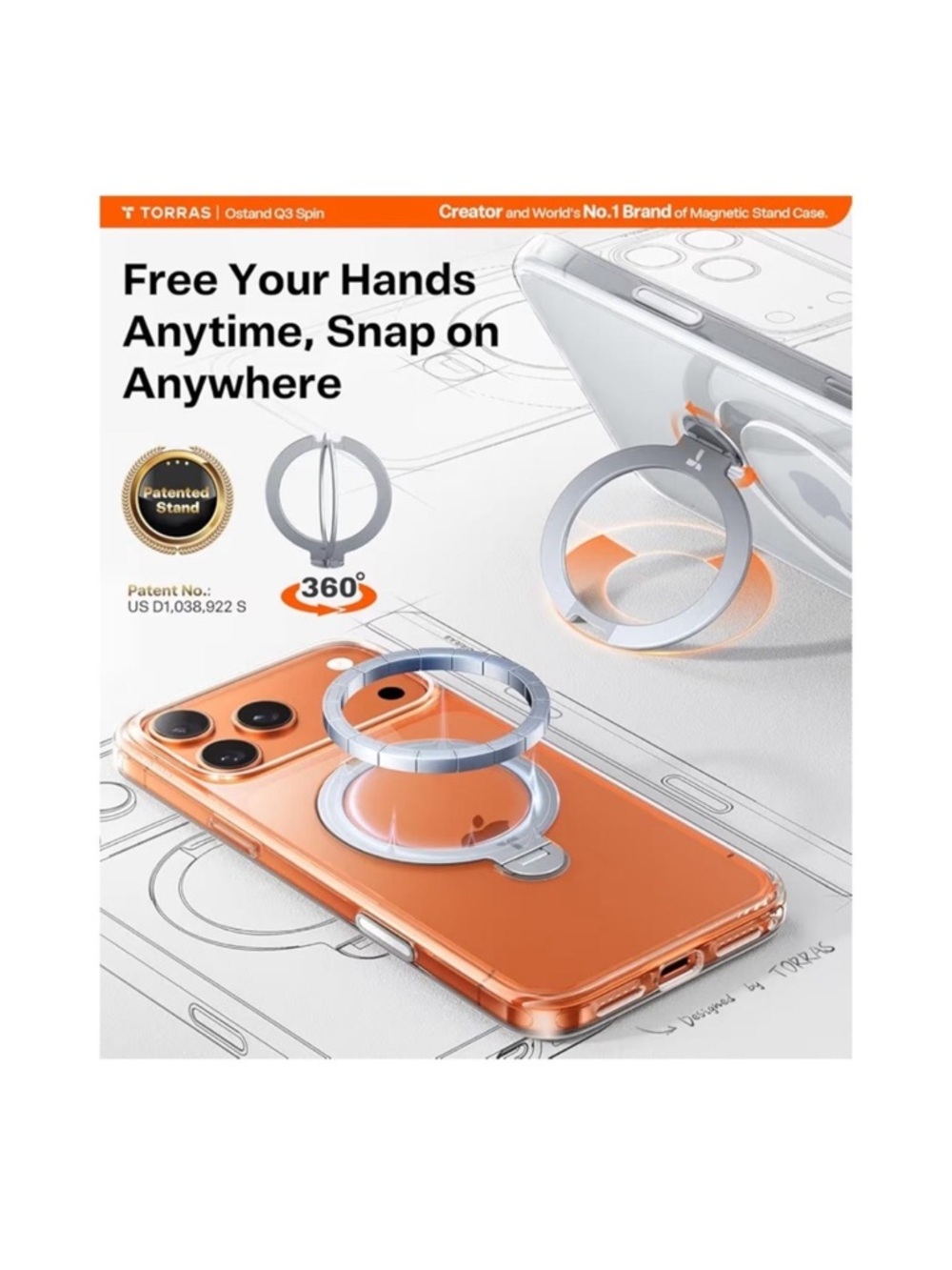 iPhone 17 Pro Max TORRAS Magnetic 360° Phone Ring Stand - Orange